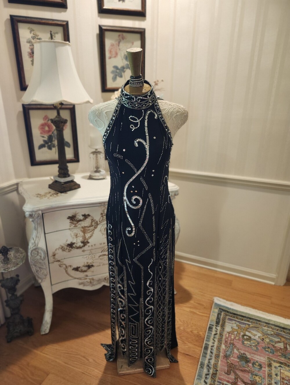 Vintage Lillie Rubin Art Deco Black & Silver Beaded Sequin Evening Dress 6